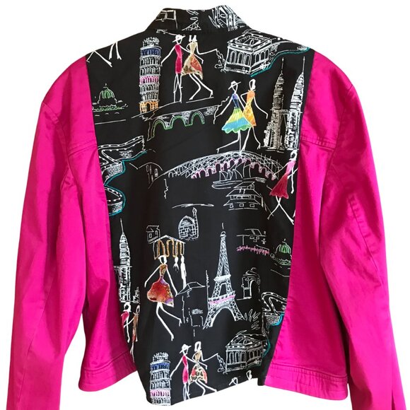 Funky Oversized Blazer, M-L: Paris Print, Fuchsia Spliced Button-Down Jacket - Picture 3 of 12